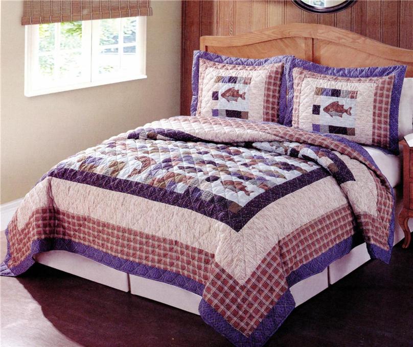 RUSTIC CABIN LODGE LAKE FISH FISHING TWIN FULL QUEEN KING QUILT SHAMS