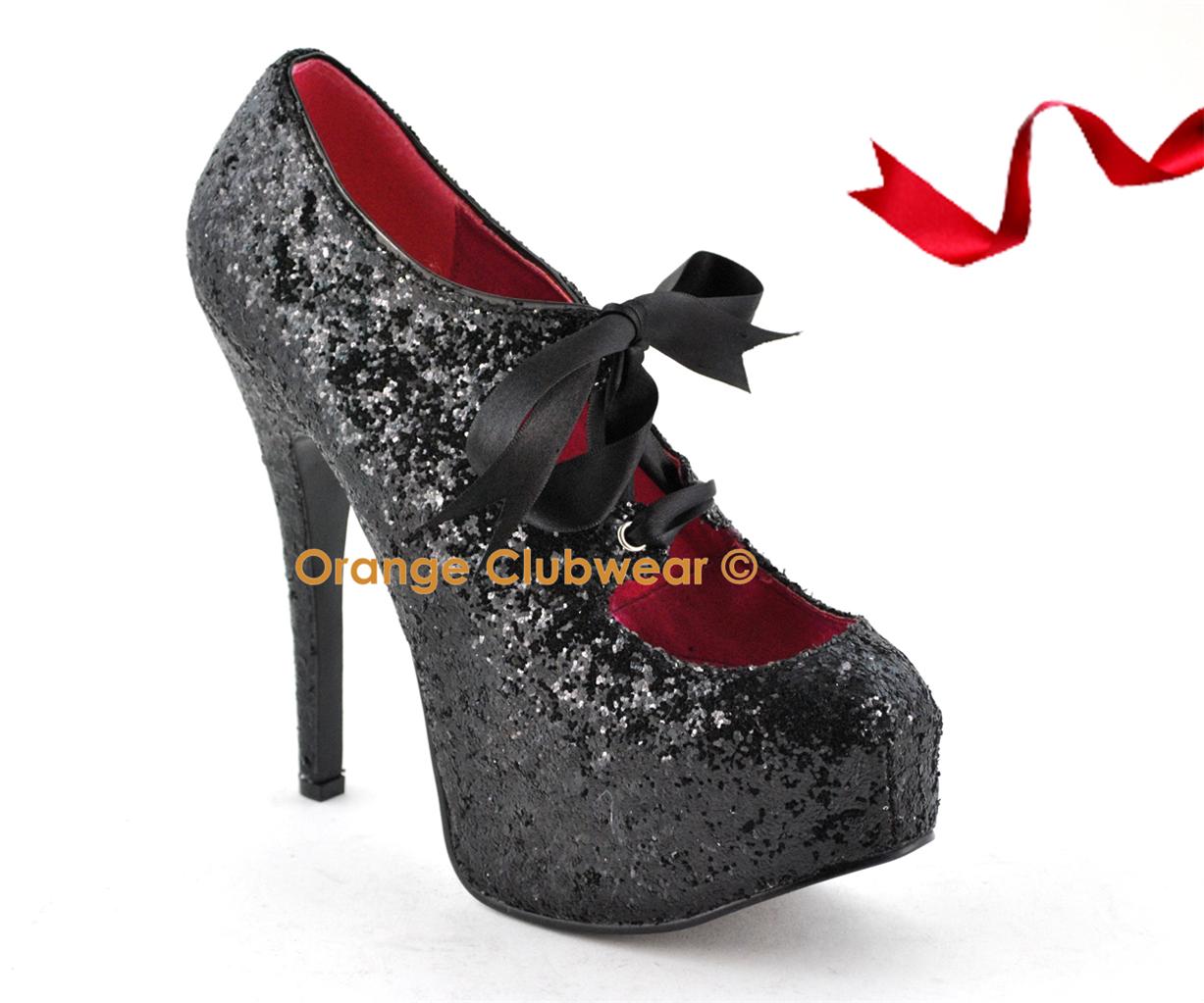Bordello Womens Sexy High Heels Platform Black Glitter Ribbon Bow Shoes
