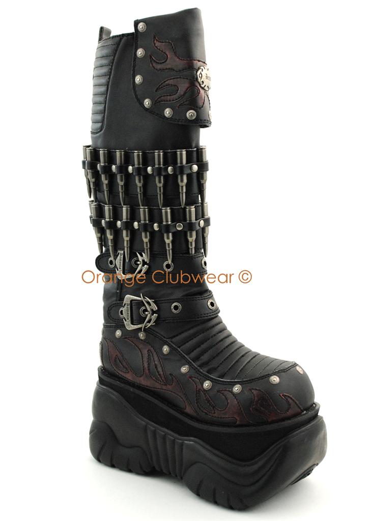 DEMONIA BOXER201 Mens Cyber Goth Platform Bullet Strap Flame Knee Hi Boots