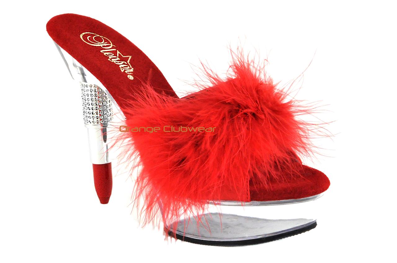 PLEASER Sexy Red Lipstick Shaped Heels Platform Slide In Feather