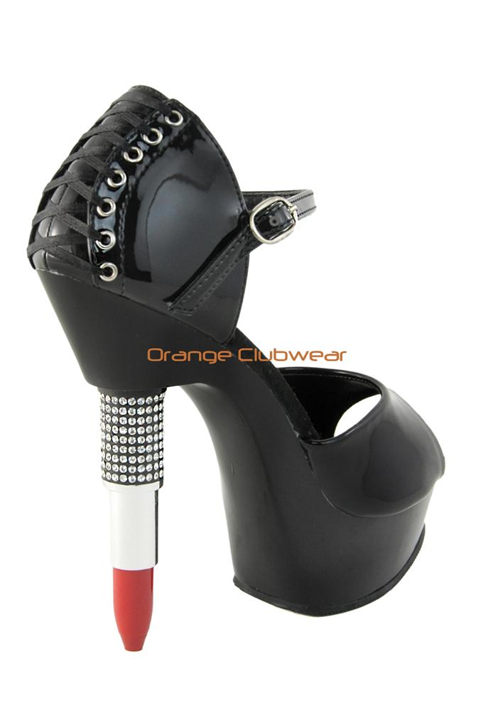 PLEASER Lipstick Shaped Rhinestone Corset Back Platform Novelty Heels Shoes Pump