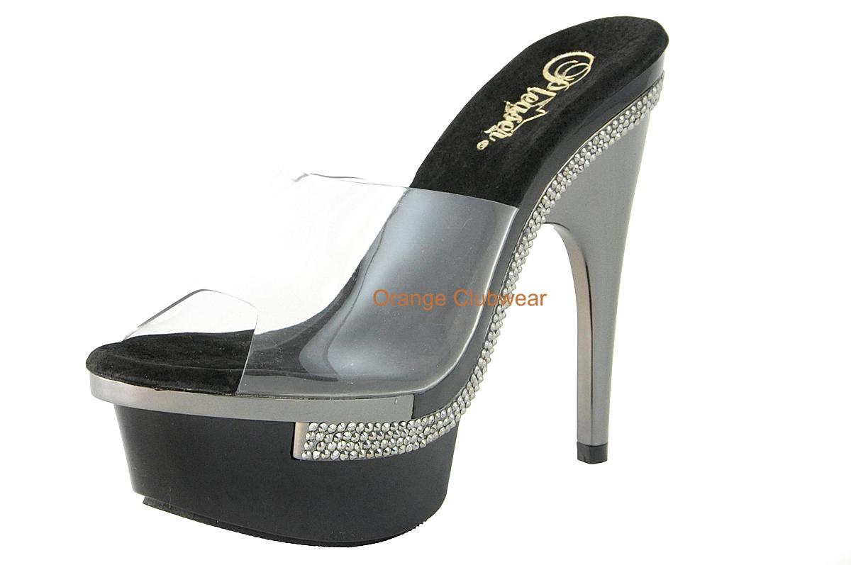PLEASER Sexy Chrome Heel Rhinestone Stripe Clear Black