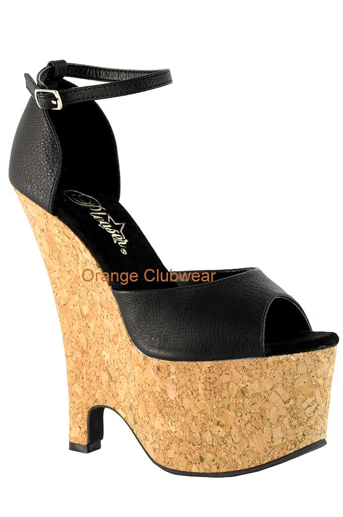 PLEASER Sexy Black Faux Leather Cork Platform Wedge Casual Sandals High