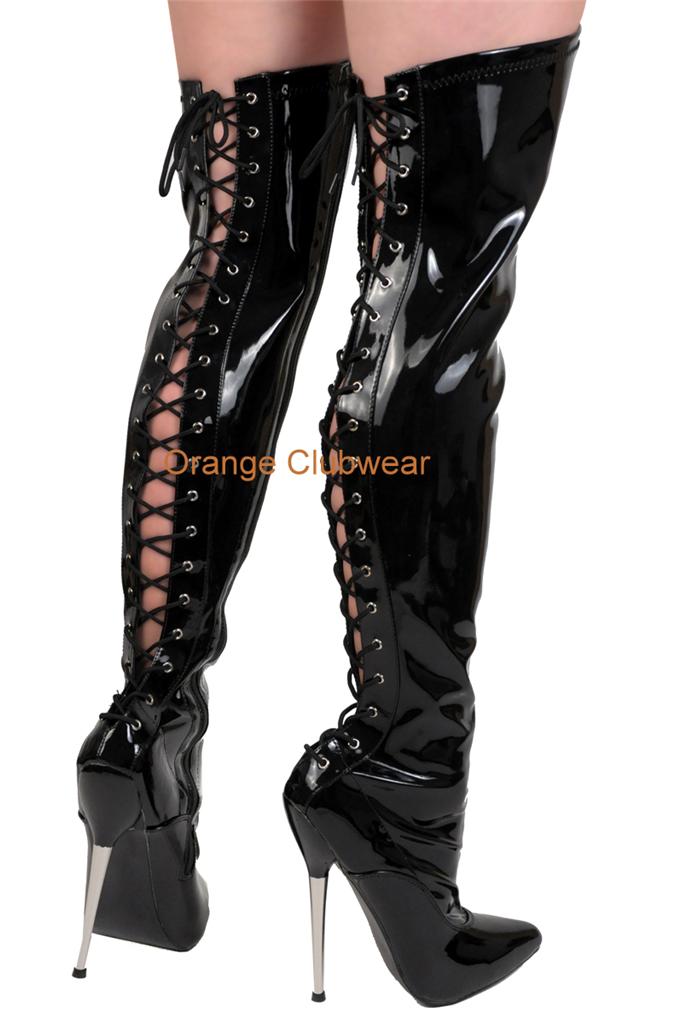 PLEASER Shiny Black Rear Lacing Metal Spike Stiletto Thigh High Boots