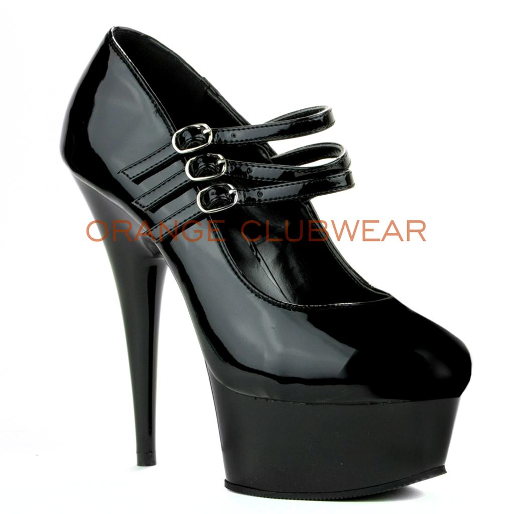 PLEASER Sexy Black Triple Buckle Strap Stripper Mary Jane Platform 6