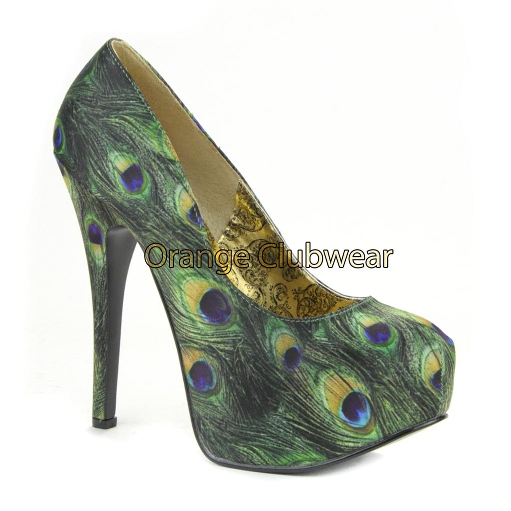BORDELLO Green Peacock Feather Print Satin Hidden Platform Pumps High