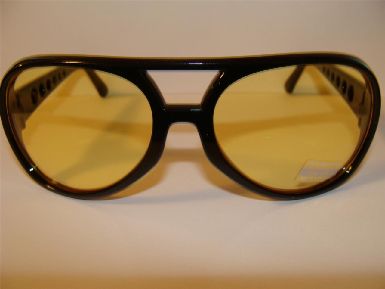 Elvis 50's 60's Style Black Aviator Yellow Lens Sunglasses Retro Hippie