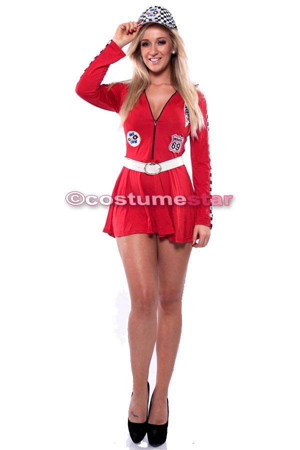 Red Indy Racer Grid Girl Costume Fancy Dress Up Outfit & Cap Hat size M