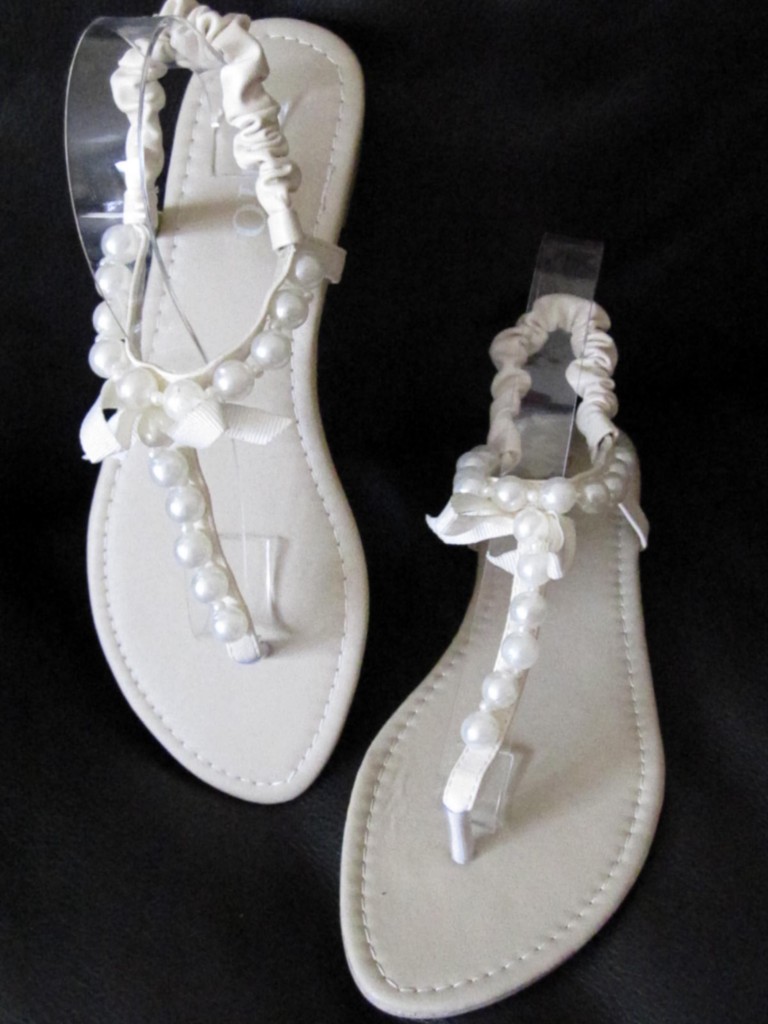 Beige Flat Sandals with Pearl Beads AU Size 7(38) Good for bridesmaid