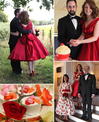 Debbie chose a striking red Candy Anthony dress and her bridesmaid's dress
