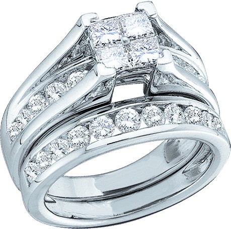 ... White Gold Quad Set Princess Cut Diamond Engagement Ring Bridal Set