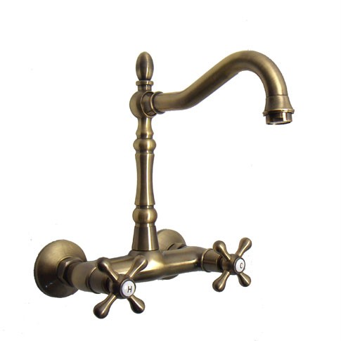 Vintage Antique Brass Wall Mount Cross Handle Kitchen Sink Faucet ...