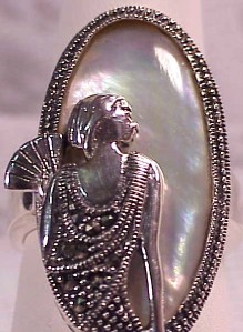 MOP Sterling SILVER Marcasite NOUVEAU HUGE Ring Sz.8