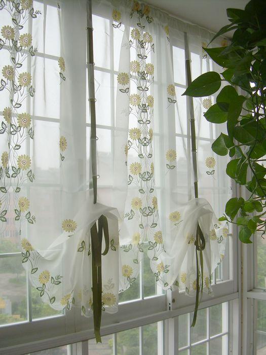 French Country Embroidered Balloon Shade Sheer Voile Cafe