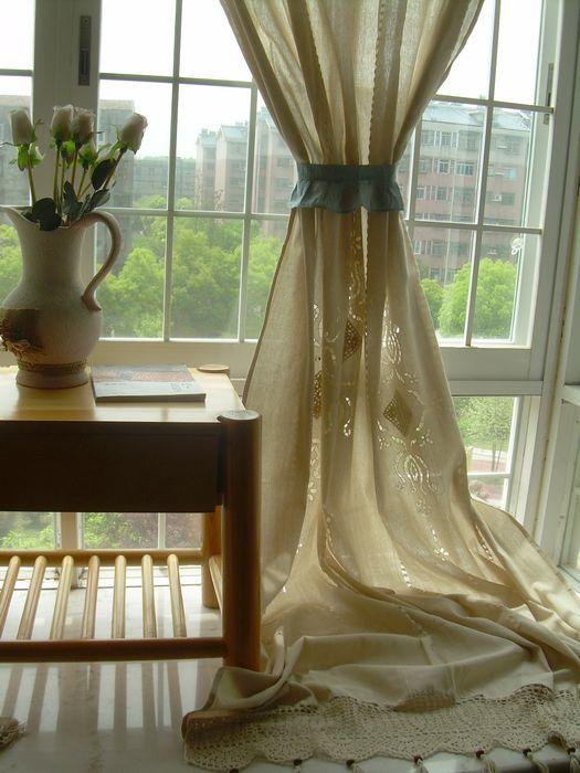 2 X Tab Top Cotton Linen Crochet Lace Beige Curtain Panel