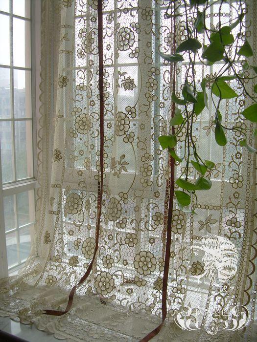 French Country Hand Crochet Lace Balloon Shade Sheer Cafe