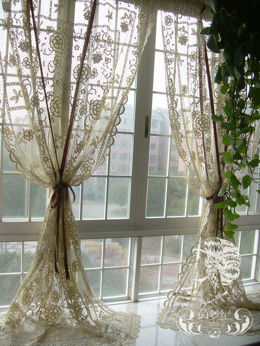 French Country Hand Crochet Lace Balloon Shade Sheer Cafe