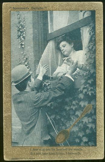 Postcard - Spooner's Delight Postcard Courting Couple for One Kiss