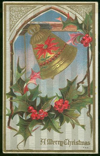 Postcard - Merry Christmas Postcard with Holly and Bell