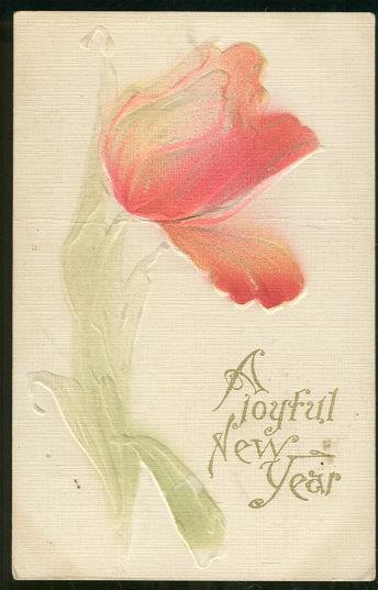 Postcard - Joyful New Year Postcard with Embossed Red Tulip