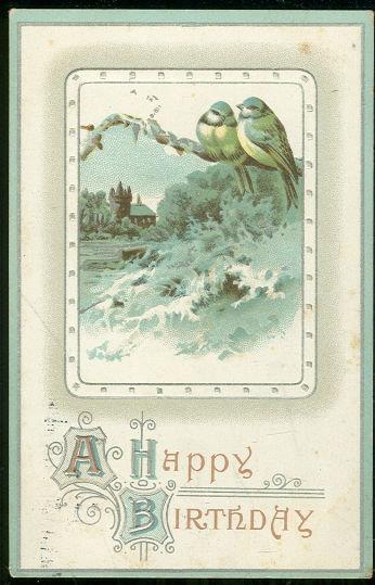 Postcard - Victorian Happy Birthday Postcard Bluebirds and Snow