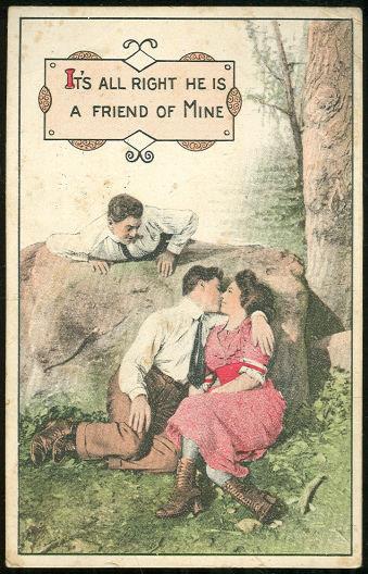 Postcard - Kissing Couple with Friend Looking on