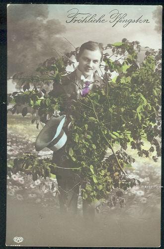 Image for GERMAN POSTCARD OF MAN WITH FLOWERS FROHLICHE PFINGSTON