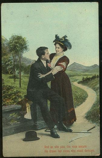 Postcard - Victorian Courting Couple She Pins the Rose