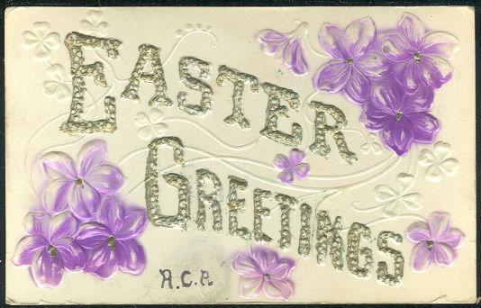 Postcard - Embossed Easter Greetings Postcard with Purple Flowers