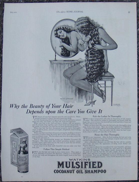 Image for 1921 LADIES HOME JOURNAL WATKINS MULSIFIED COCOANUT OIL SHAMPOO MAGAZINE ADVERTISEMENT