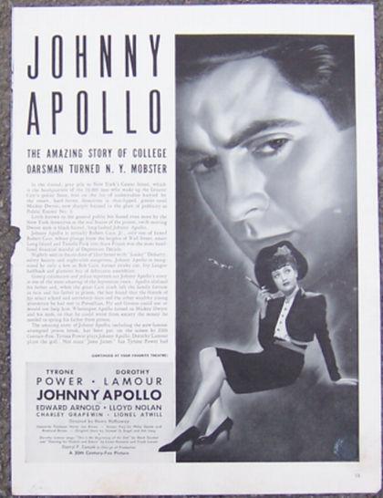 Image for 1940 JOHNNY APOLLO LIFE MAGAZINE ADVERTISEMENT