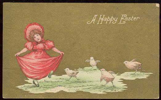 Postcard - Happy Easter Postcard of Little Girl Dancing with Chicks