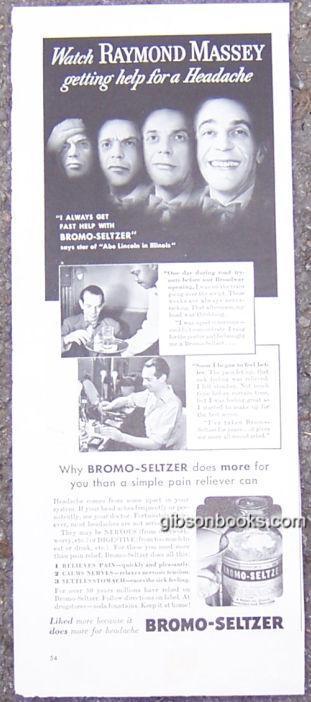 Image for 1940 RAYMOND MASSEY BROMO-SELTZER LIFE MAGAZINE ADVERTISEMENT
