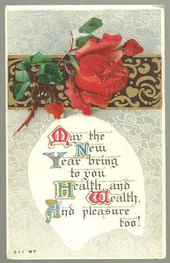 Postcard - Victorian New Year Postcard with Red Rose and Gold