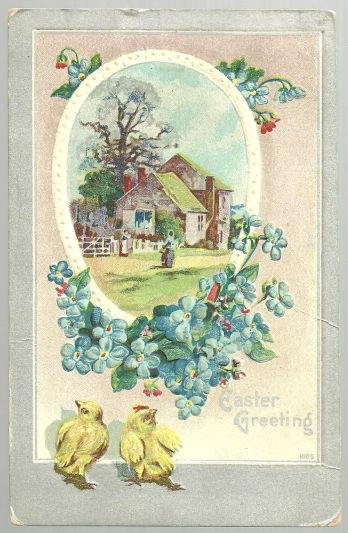Postcard - Easter Greetings Postcard with Pastoral Scene with Chicks