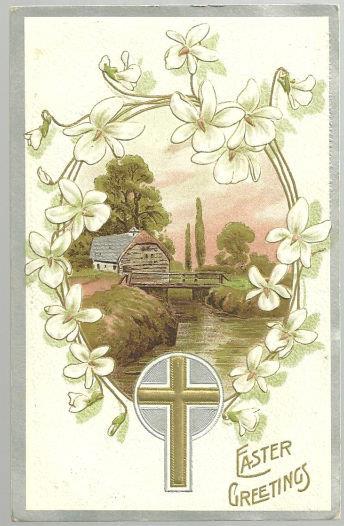 Image for EASTER GREETINGS POSTCARD WITH CROSS AND PASTORAL SCENE
