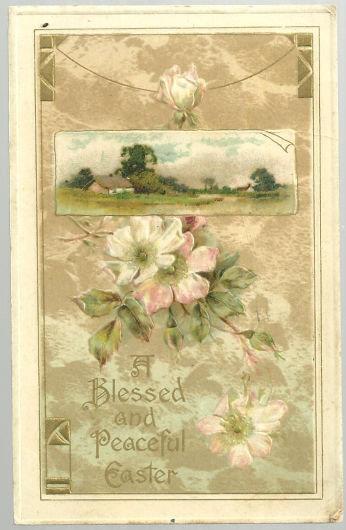 Image for BLESSED AND PEACEFUL EASTER POSTCARD WITH FLOWERS AND PASTORAL SCENE