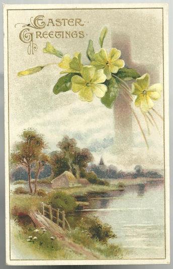 Image for EASTER GREETINGS POSTCARD WITH COTTAGE ALONG LAKE AND CROSS ENTWINED WITH FLOWERS