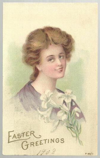 Postcard - Easter Greetings Postcard with Lovley Lady Holding Lilies