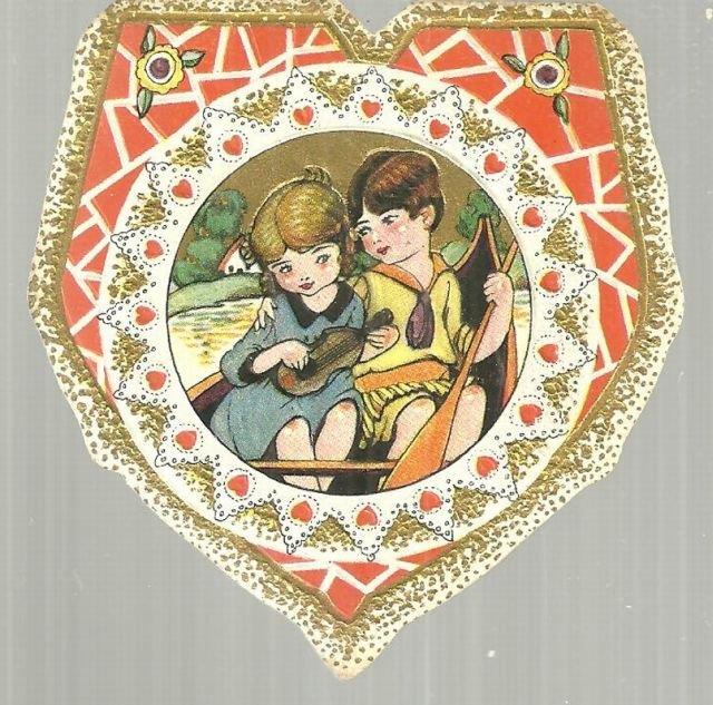 Valentine - Vintage Valentine Card Little Girl and Boy in Rowboat