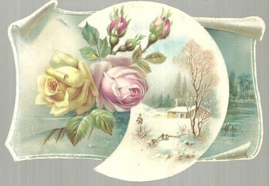Advertisement - Victorian Card with Winter Scene and Roses in Crescent Moon
