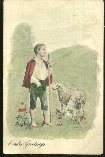 Postcard - Undivided Easter Greetings Postcard with Boy Shepherd and Sheep