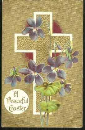 Postcard - Peaceful Easter Postcard with Gold Cross and Violets