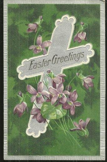 Postcard - Easter Greetings Postcard with Silver Cross and Violets