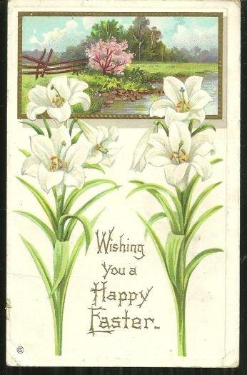 Postcard - Happy Easter Postcard with White Easter Lilies