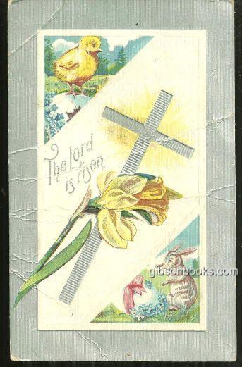 Postcard - Lord Is Risen Easter Postcard with Cross, Chick and Easter Bunny