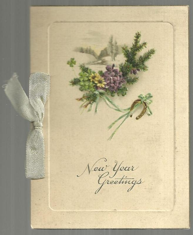 Christmas - Victorian New Year Greeting Card with Flowers and Ribbon