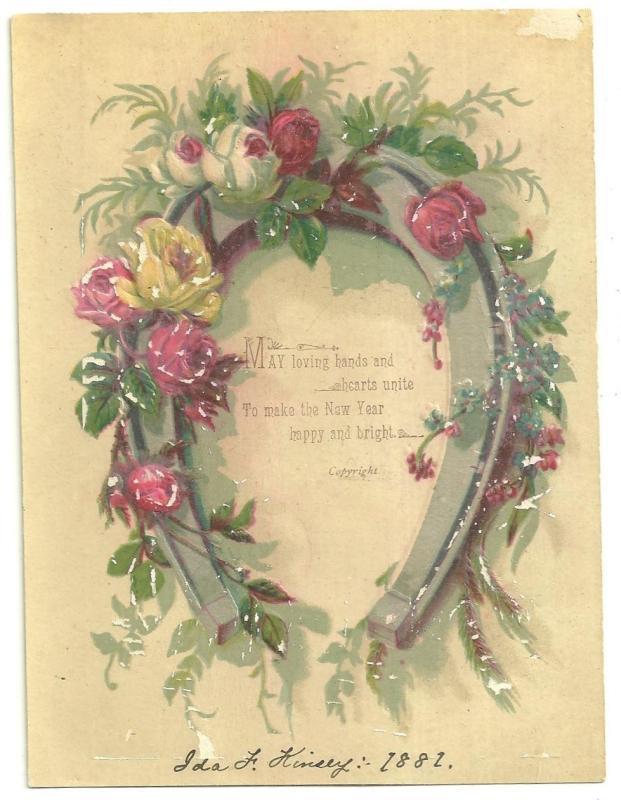 Christmas - Victorian New Year Card with Roses and Horseshoe