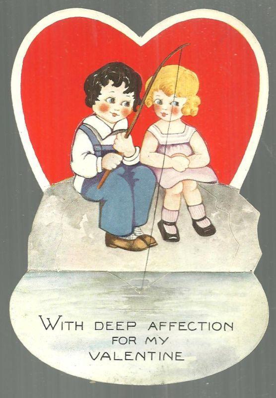 Valentine - Vintage Valentine with Boy and Girl Fishing