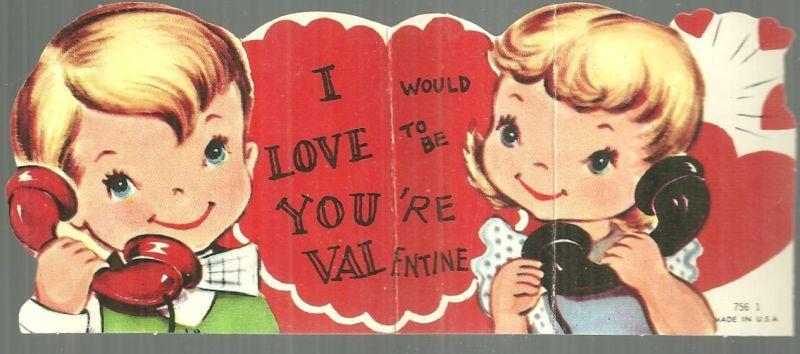 Valentine - Vintage Valentine Card with Boy and Girl Talking on Telephone
